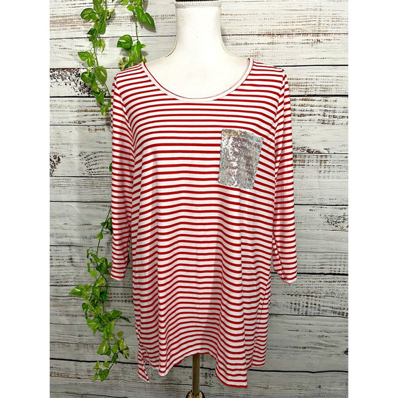 Avenue Top T Shirt 14 16 Red White Striped Stretch Jersey Silver Sequins Pocket - Picture 1 of 8